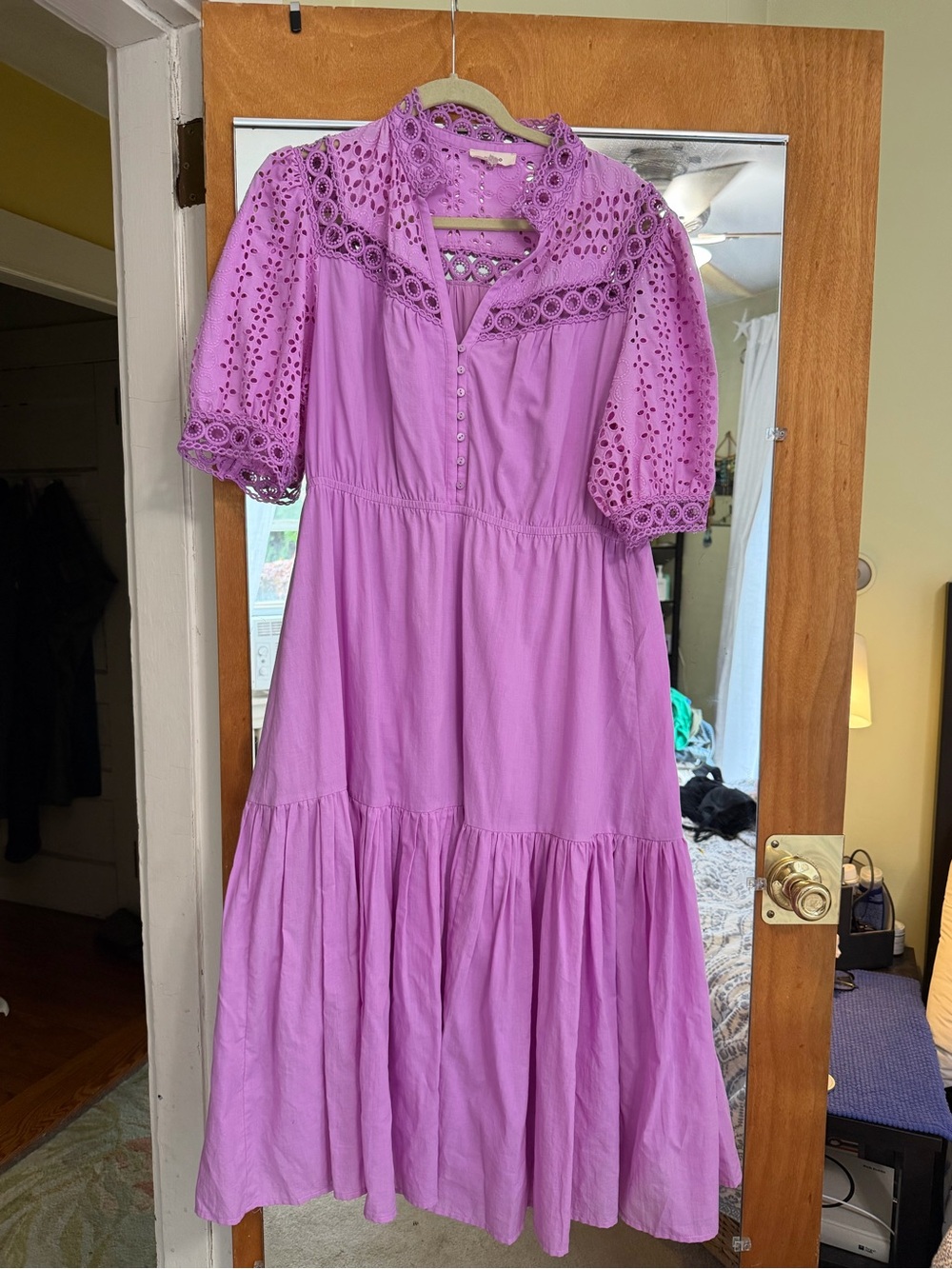 SUNCOO Lilac Eyelet Tiered Midi Dress